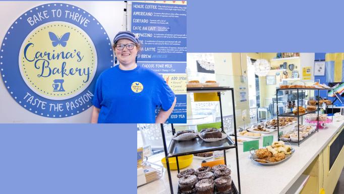 Carina Comer standing in front of the logo for Carina's Bakery and a photo of display cases full of baked goods.  The logo says 'bake to thrive' and 'taste the passion'.